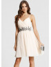 Champagne Chiffon Spaghetti Straps Beads Short Prom Dress 